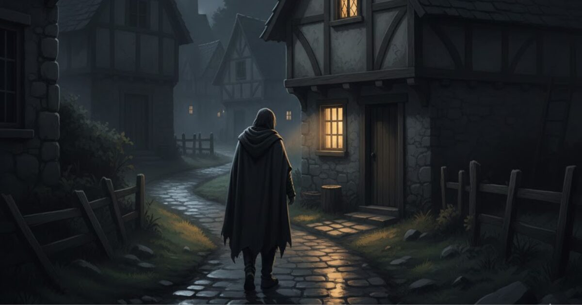 強引な提案をした後、静かな王国の夜道を歩く旅人の姿を描いたイラスト