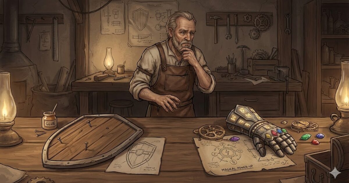 修理より利益を先に考えてしまう思考のズレを、王国の工房で象徴的に描いたイラスト