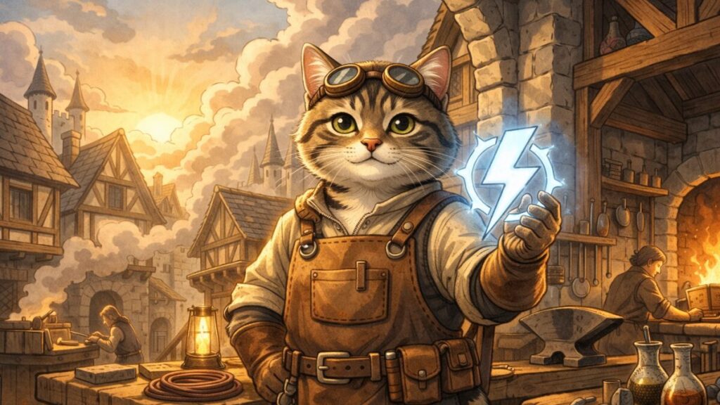 第二種電気工事士を武器として手に入れた職人が、王国で新たな一歩を踏み出す場面