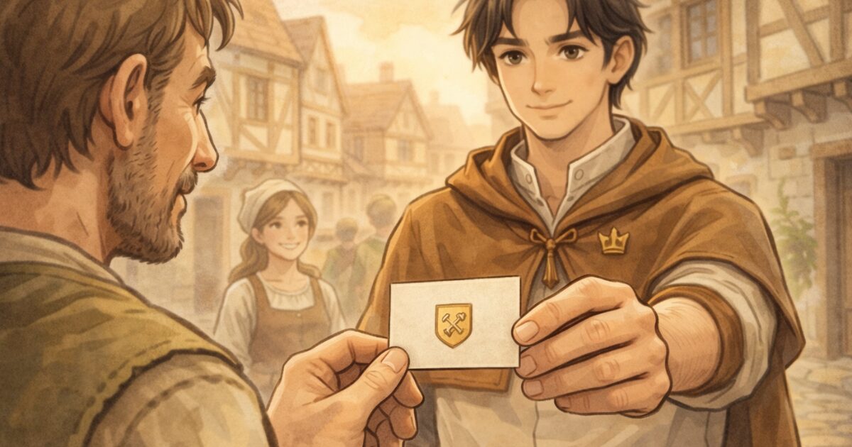 名刺を渡して信頼を得るリクルドの王国風イラスト