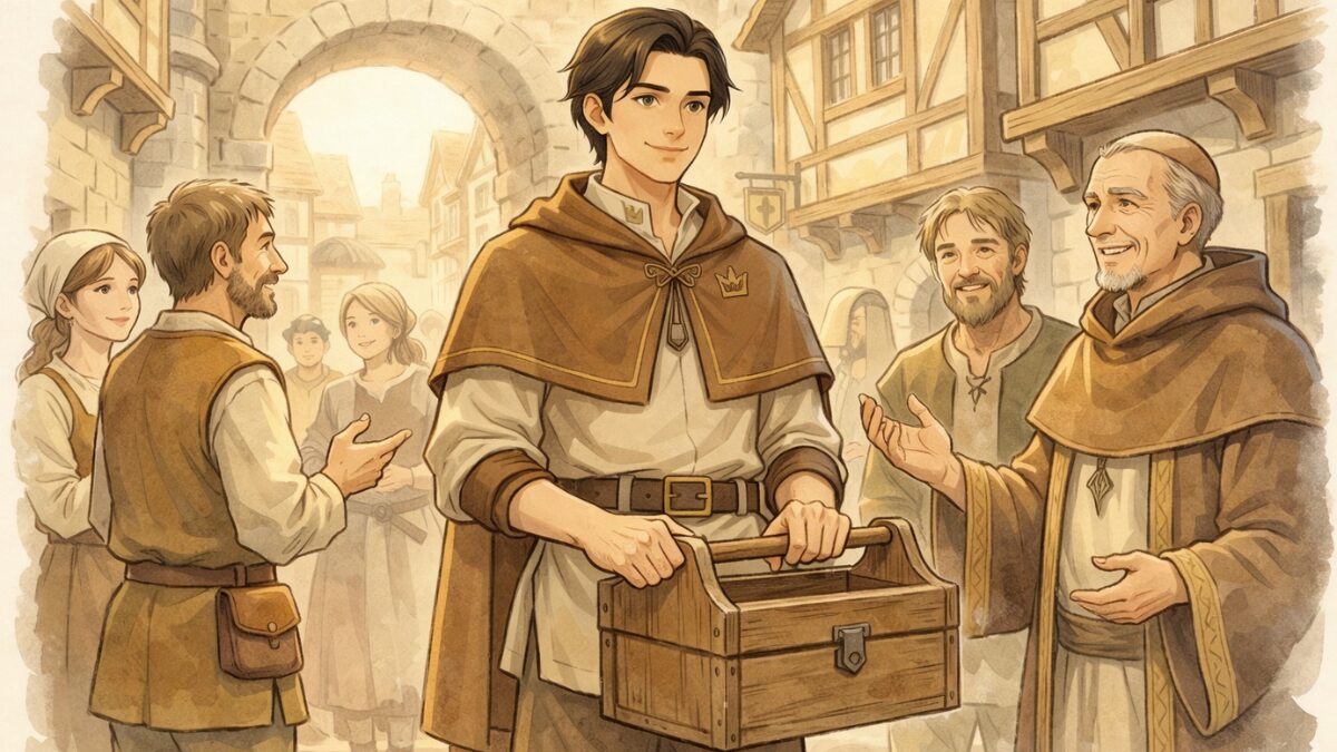 資格を持ったことで信頼され、仕事を任されるようになった職人の王国風イラスト