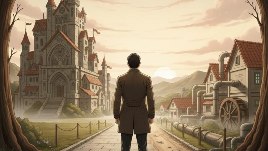 営業が向いていないと悩みながら、 王国の中で別の生き方を選ぶ分岐点を描いたイラスト