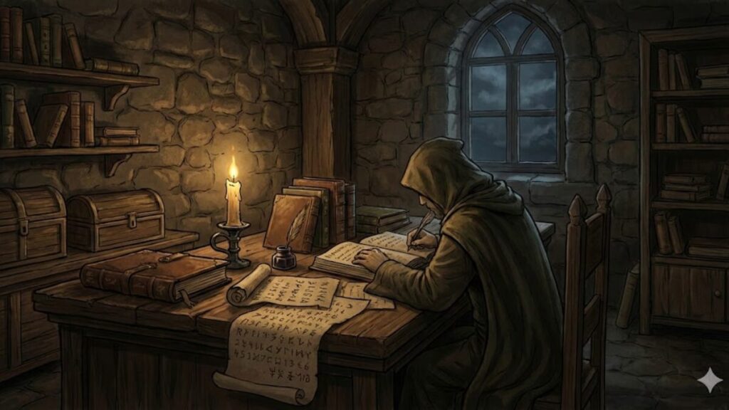 王国のギルドで帳簿と数字に囲まれ、営業ノルマの重さを感じる仕事の場面を描いたイラスト