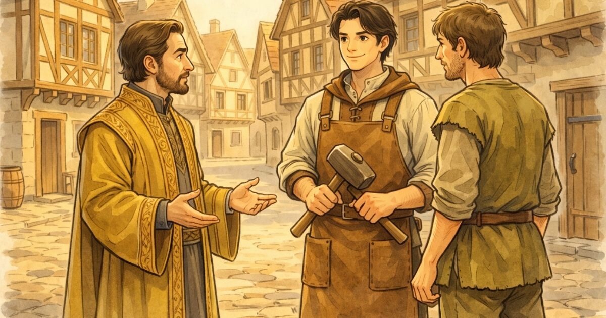 任されるようになったリクルドが相談を受けている王国風の会話シーン