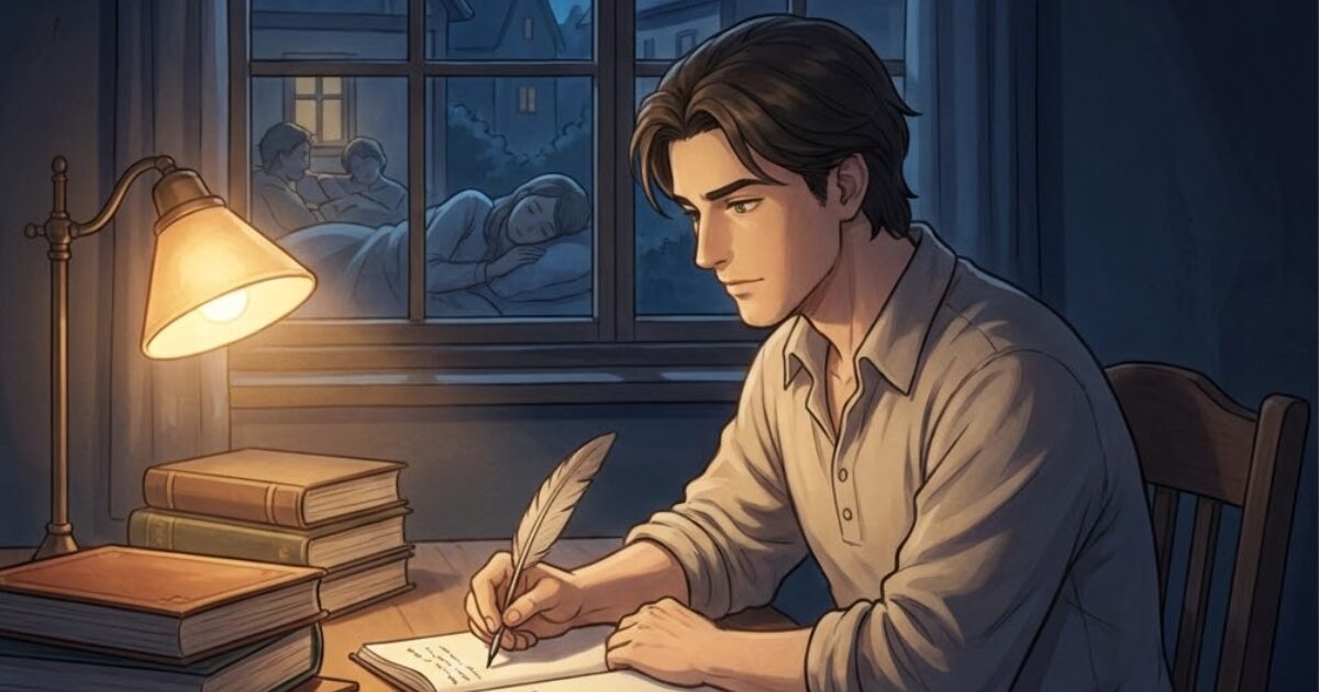 周囲が休んでいる時間に資格の勉強を続ける40代男性の姿