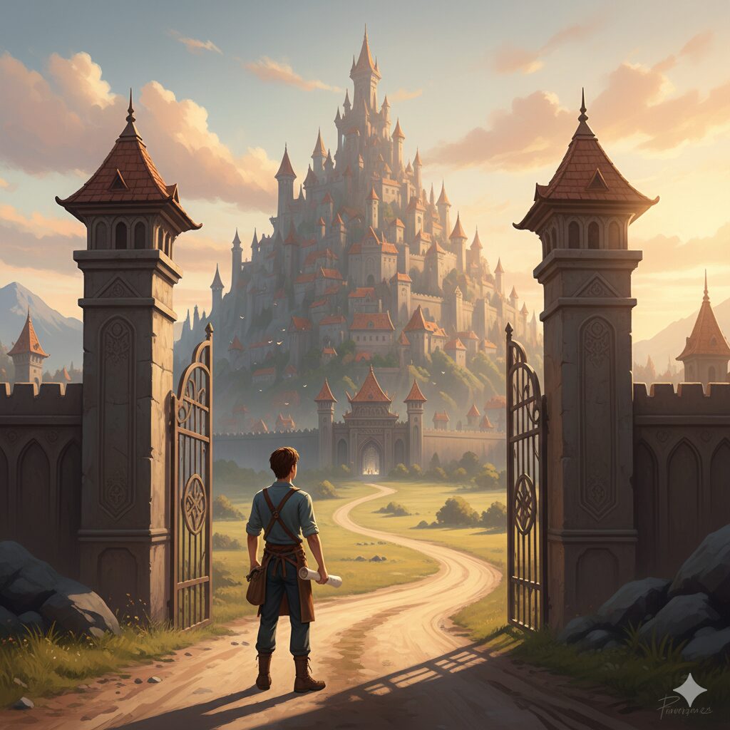 若い時に資格を取って門をくぐる王国風イラスト