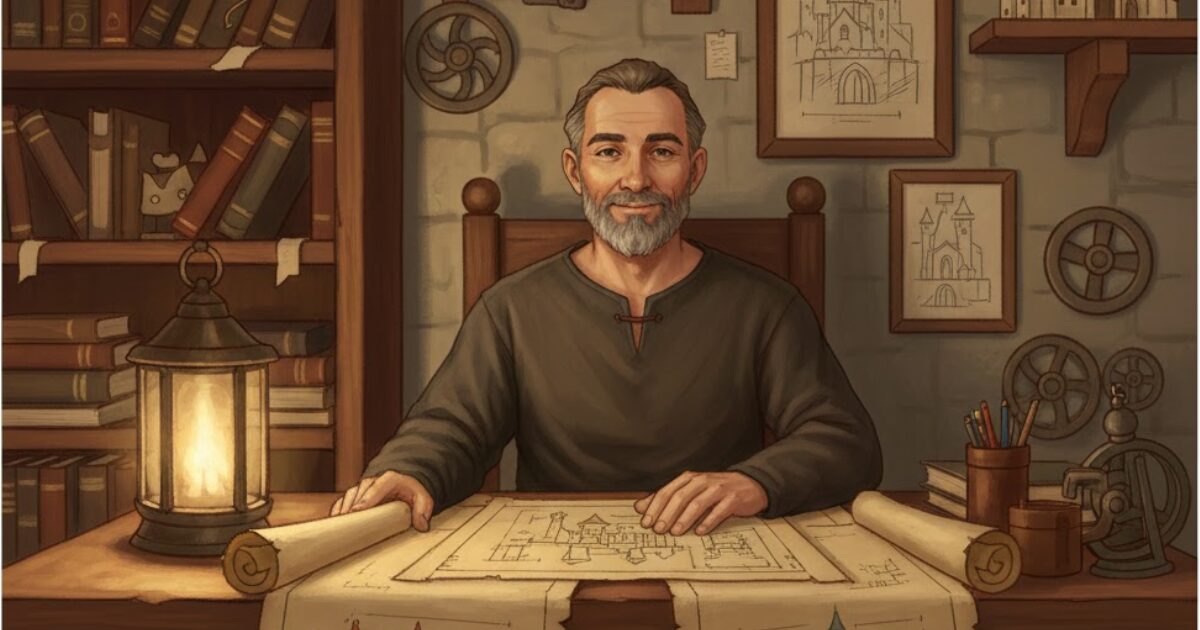 設計図や本に囲まれて学ぶ武器屋の王国風イラスト