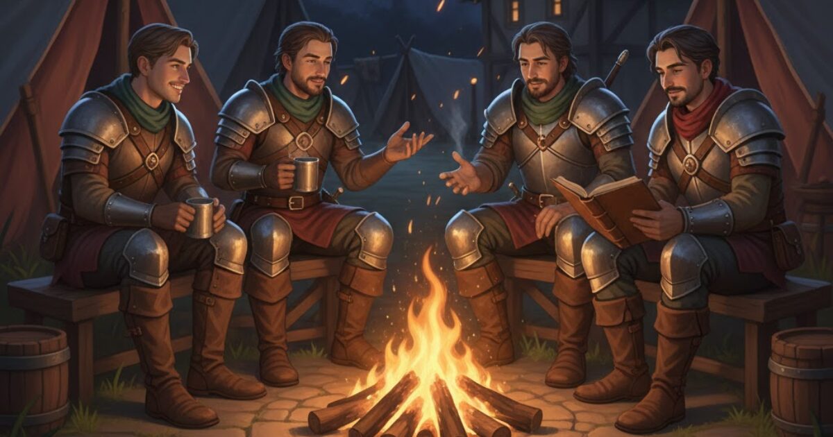 焚き火の前で静かに語らう冒険者たち。防具屋シリーズの余韻を表す王国風ビジュアル
