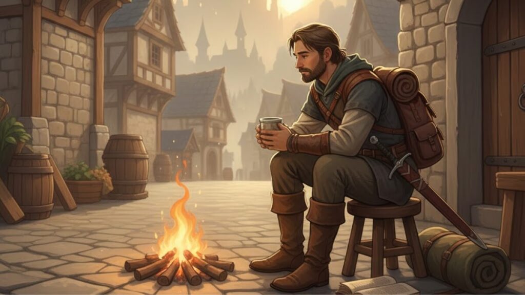 朝活に疲れた冒険者が王国で休息しているイラスト