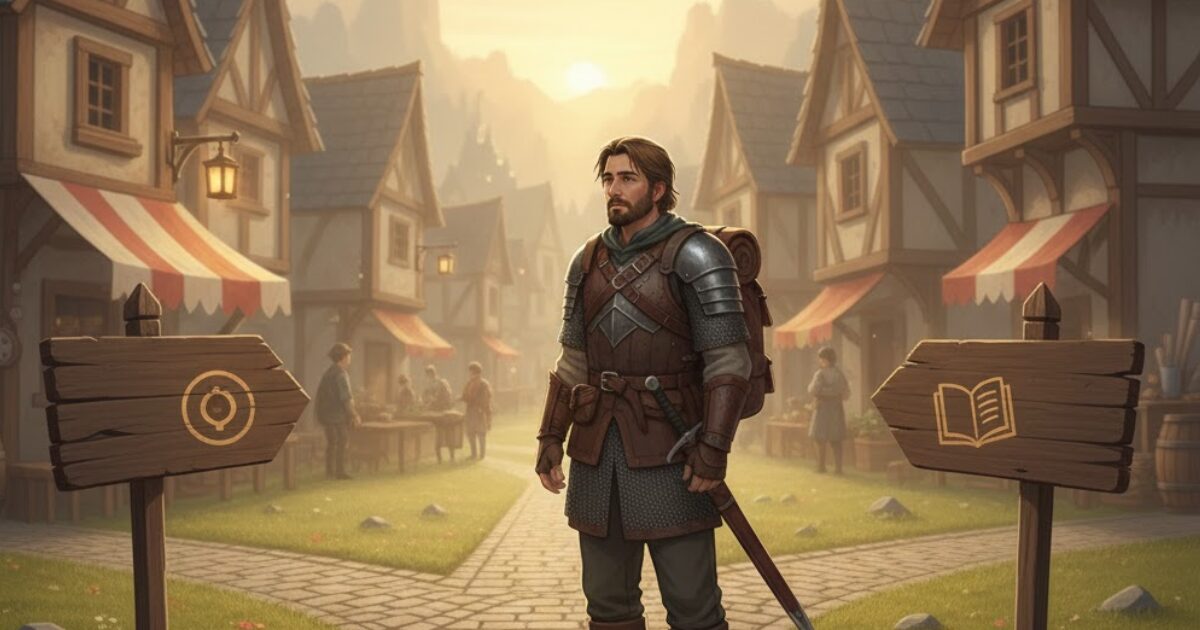 道に迷い立ち止まる冒険者。朝活が向いていないと感じる瞬間を象徴する王国風イラスト