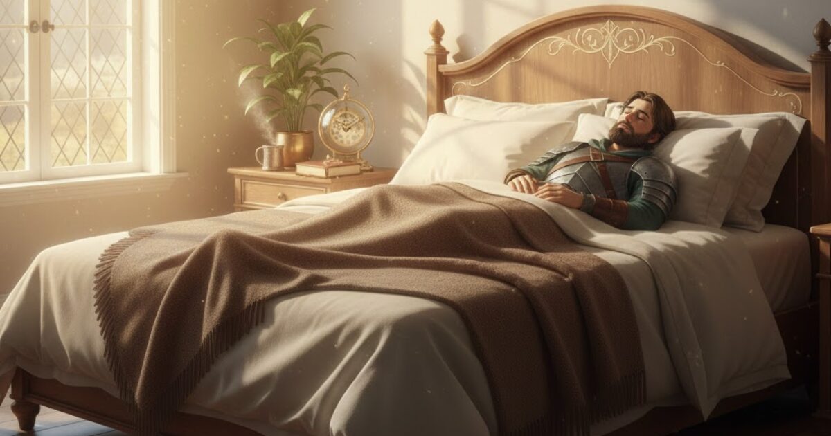 焚き火の前で装備を外し休む冒険者。休息も戦略であることを示す王国風ビジュアル