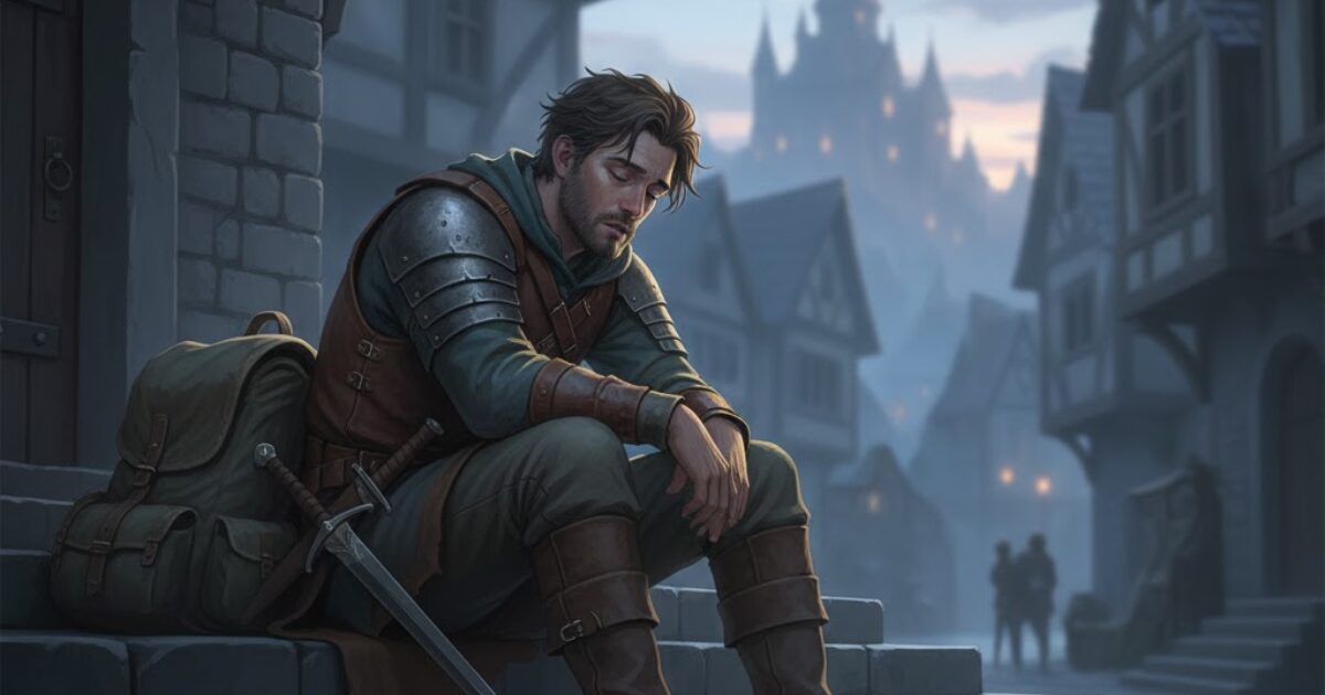 疲労で立ち止まる冒険者。朝活がしんどい日の心境を表した王国風イラスト