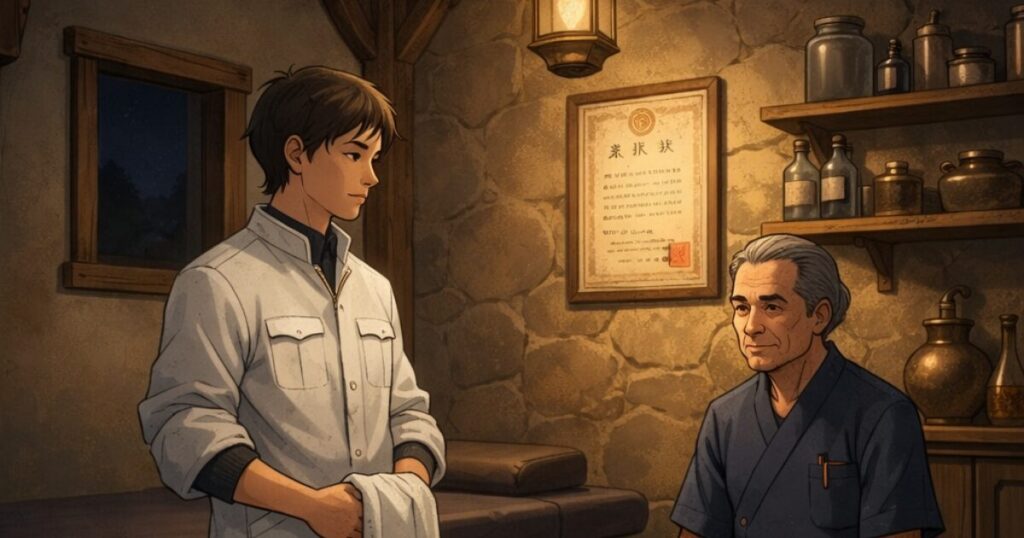 国家資格を持つ施術者と持たない施術者が同じ現場に立ちながら、立場の違いを感じる瞬間のイメージ