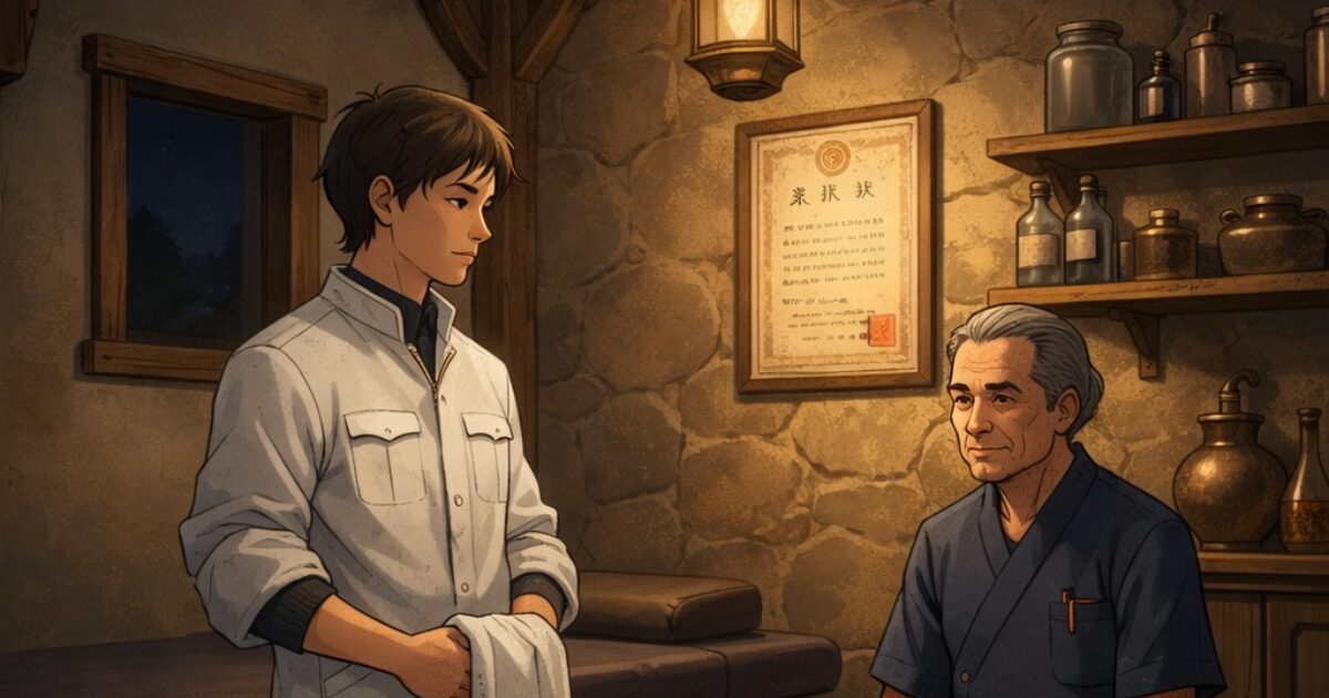 国家資格を持つ施術者と持たない施術者が同じ現場に立ちながら、立場の違いを感じる瞬間のイメージ