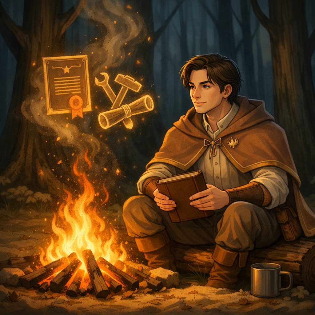 資格コンプレックスを抱えながら焚火の前で過去を振り返るリクルドのイメージ