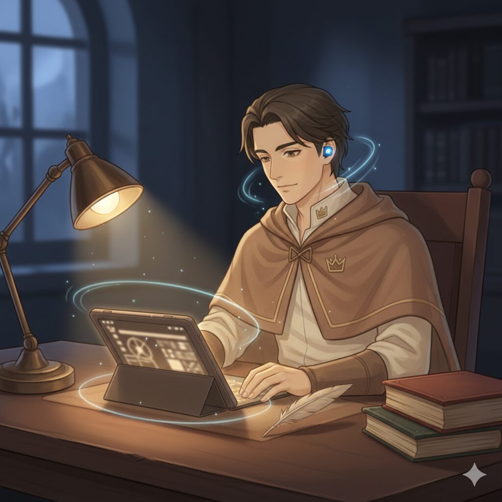 王国の旅人リクルドが机で学び、資格を武器に変えていくイメージ