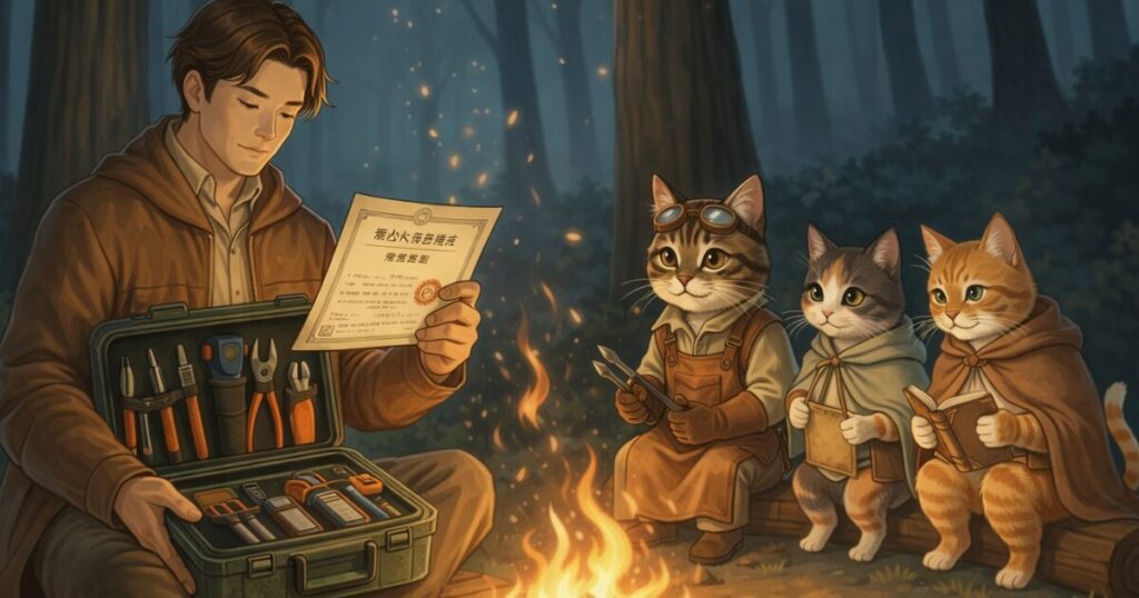 40代から資格で生き残る戦略を焚火を囲んで語るイラスト｜電気工事士と工具、仲間たち