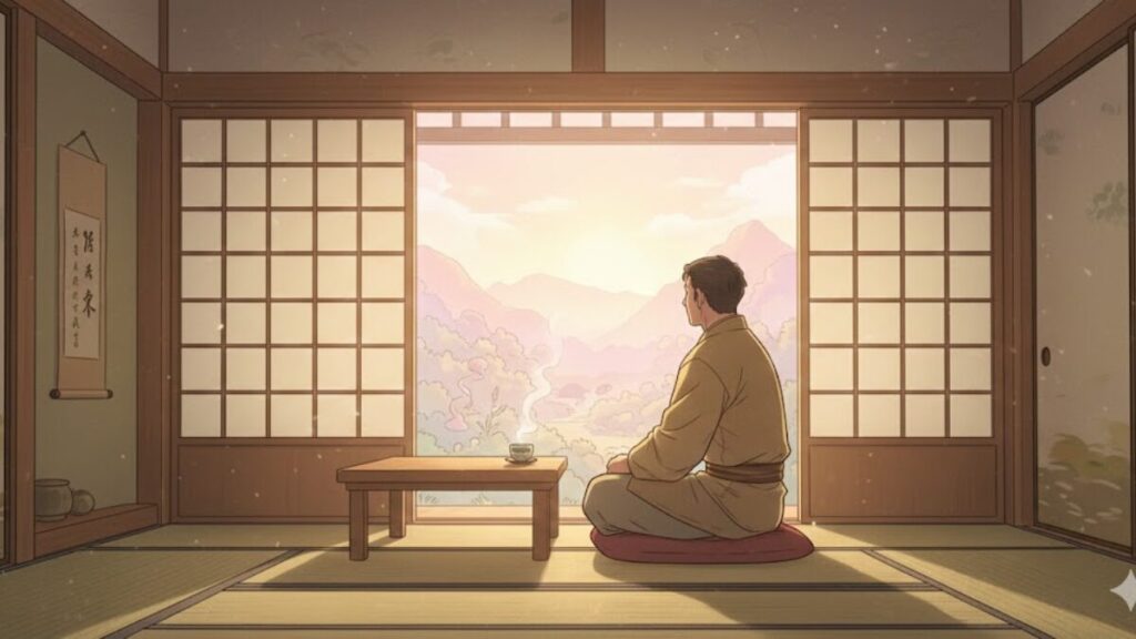 朝の静かな時間に、未来の自分を思い描く様子