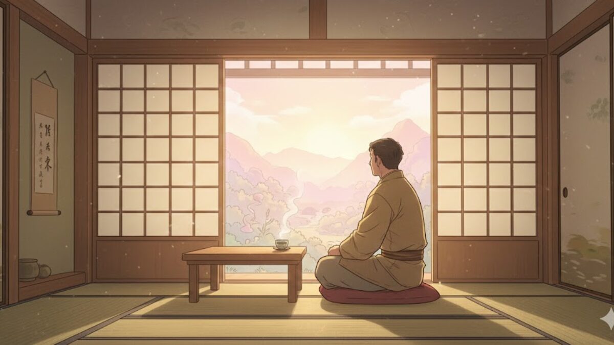 朝の静かな時間に、未来の自分を思い描く様子を表したイラスト