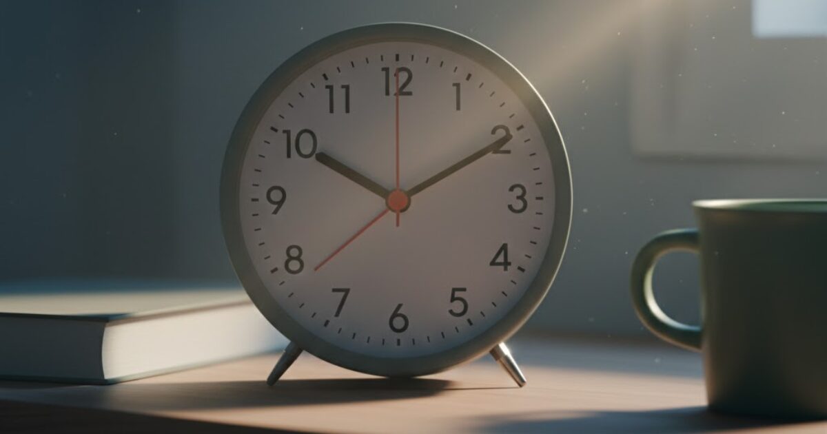 ベッドサイドの目覚まし時計、最小の行動を象徴するシンプルな光景