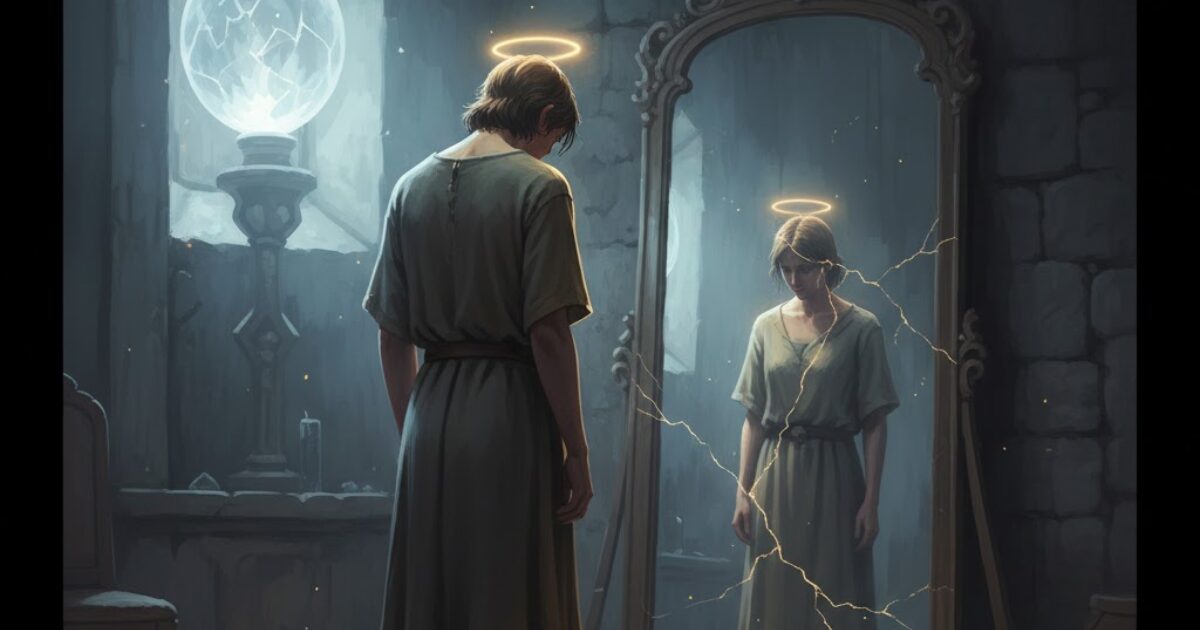 鏡の前で自分を見つめる姿、自己否定と葛藤を象徴した光景