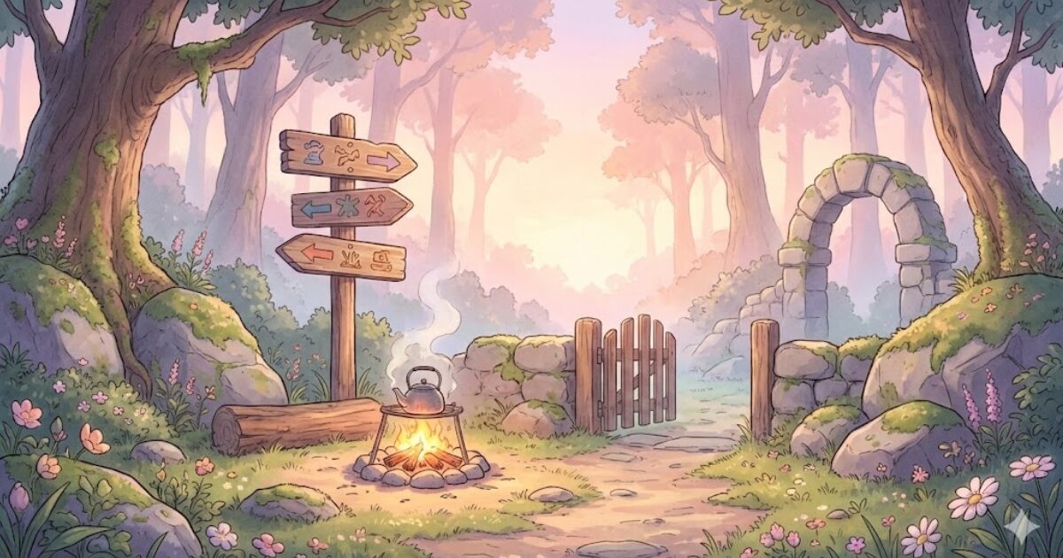 焚き火と道標があるチェックポイント風景。習慣が崩れた日に戻る場所を象徴する