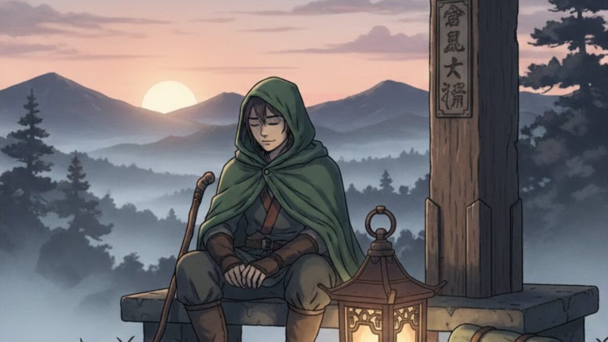 習慣が続かず立ち止まりチェックポイントで休む旅人の心情を表したイラスト