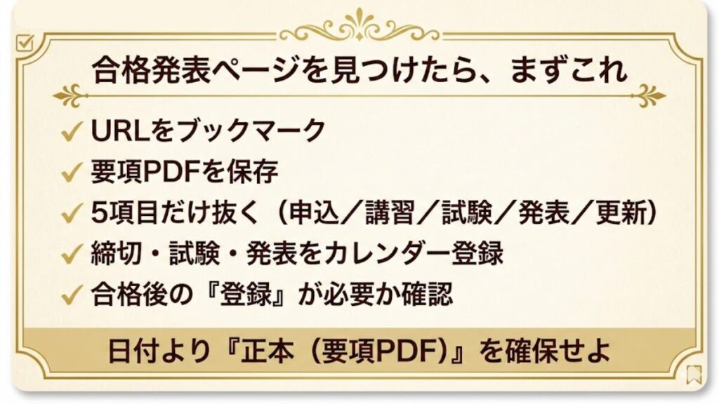 排水設備工事責任技術者の合格発表ページを見つけた後にやること（URL保存・要項PDF・5項目確認・カレンダー登録・登録確認）