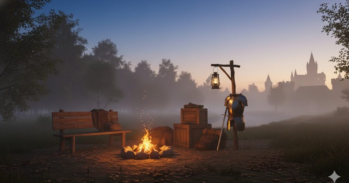 回復と休息を象徴する、防具屋の焚き火と休憩所