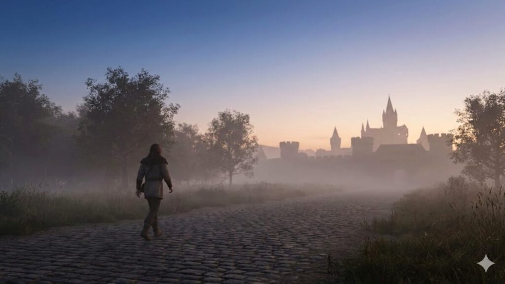 朝活の回復行動として、夜明け前の道を静かに歩く人物