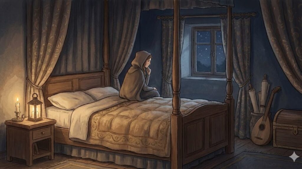 寝る前の静かな時間を過ごす人物と、回復を象徴する夜の部屋