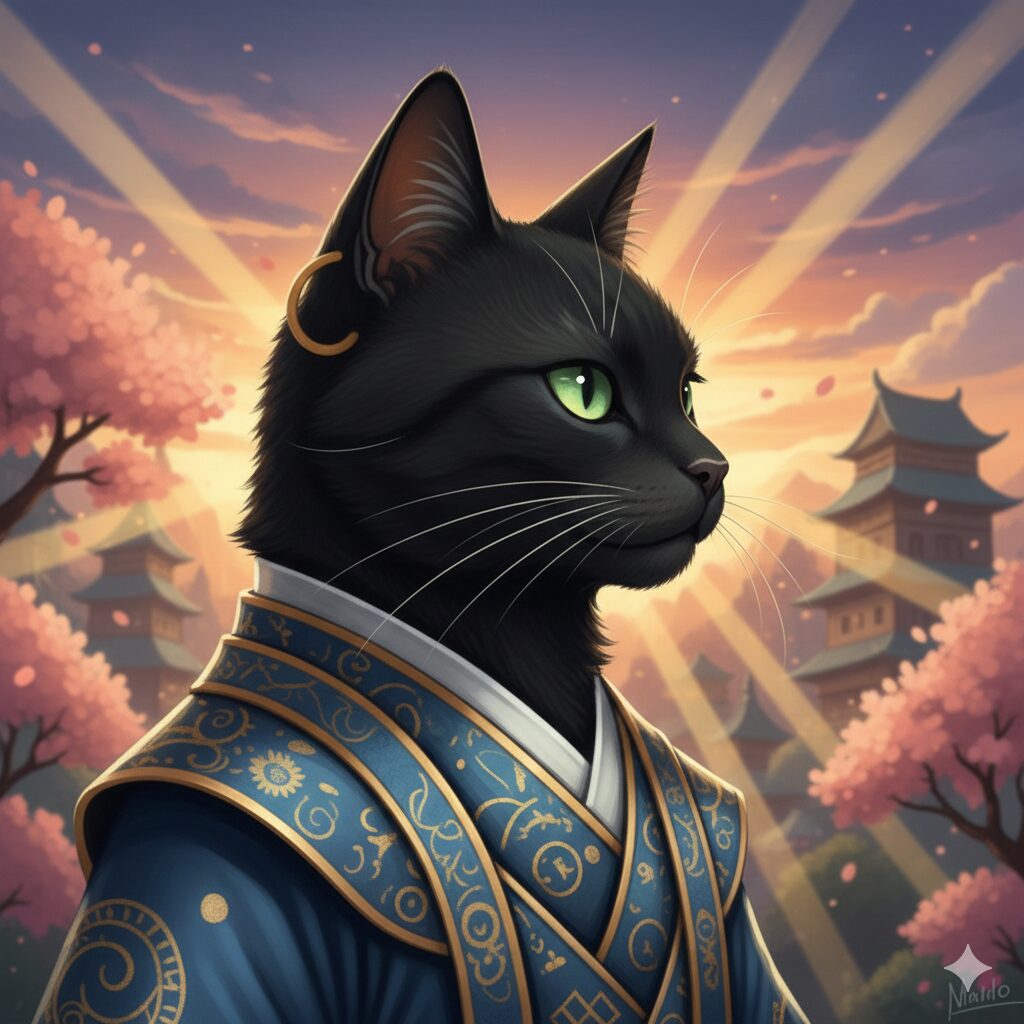 夜明けを見つめる黒猫ノワルの横顔。再始動の朝を告げる賢者