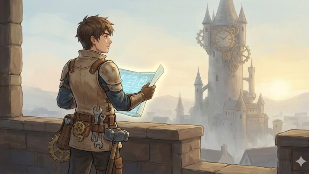 1級管工事施工管理技士補が主任技術者になる前の立ち位置を描いた王国風イラスト