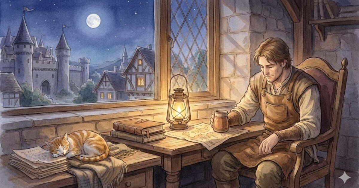 夜に無理をせず休む設備屋の王国風イラスト