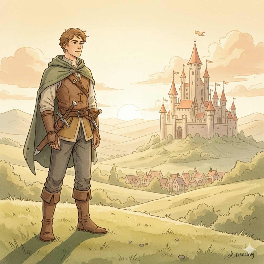 未来の自分を思い描く1級管工事施工管理技士補の王国風イラスト