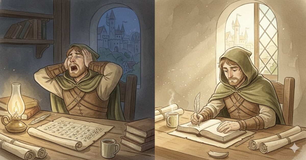 夜の眠気と朝の集中力を対比した勉強イメージイラスト