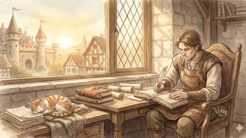 朝の時間に落ち着いて勉強する1級管工事施工管理技士補のイメージイラスト