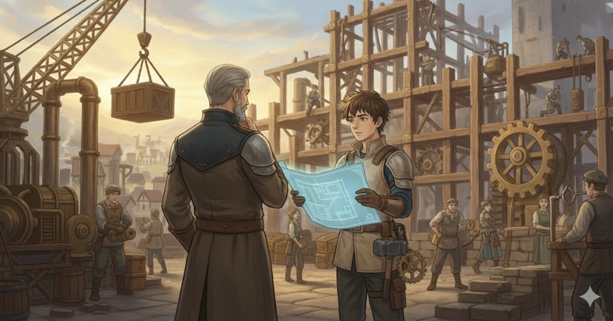 技士補が現場で判断を支える役割を表した王国風イラスト