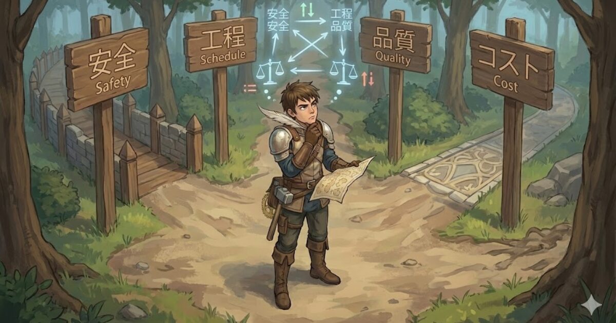 過去問を通じて施工管理の判断基準を身につけるイメージの王国風イラスト