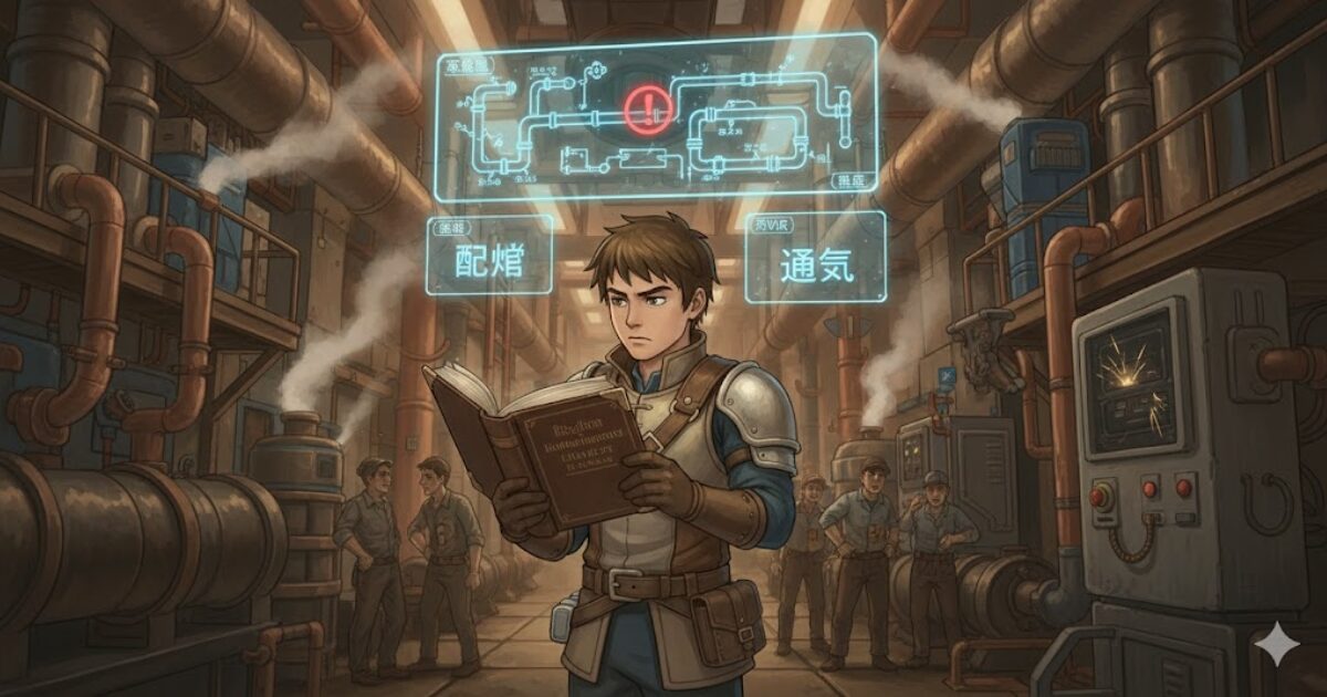 現場で勉強内容を思い出し教科書を見返す判断を表した王国風イラスト