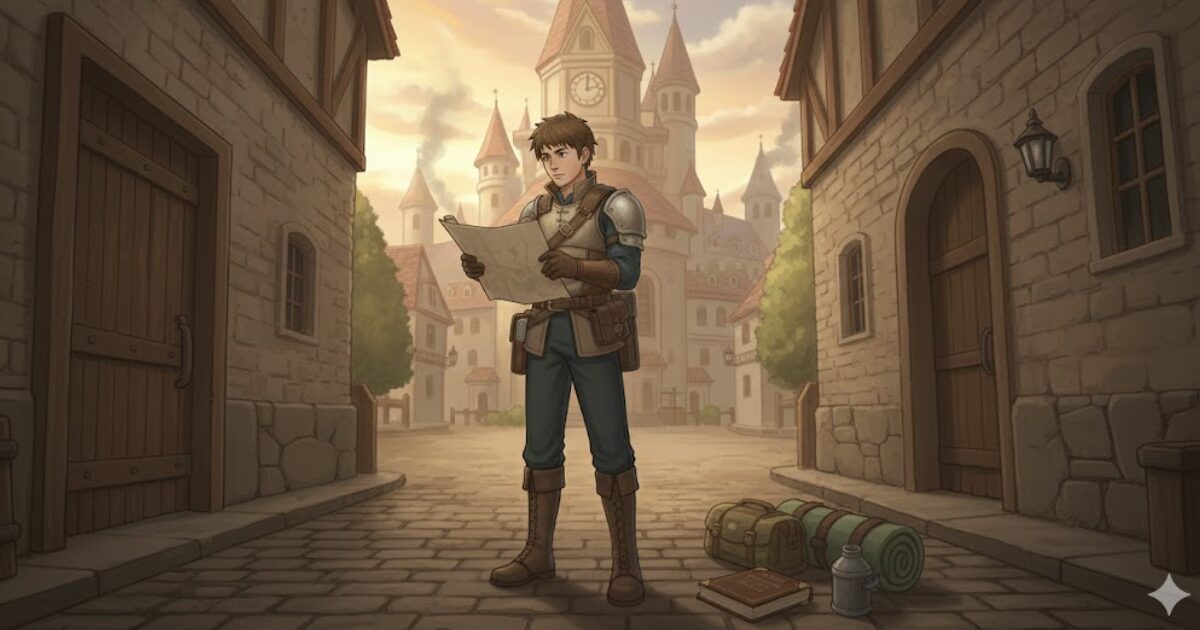 施工管理資格の勉強時間を未来の現場への投資として描いた王国風イラスト