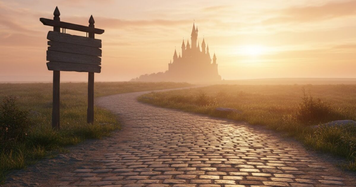 冒険の始まりを表す朝焼けの一本道と王国の遠景