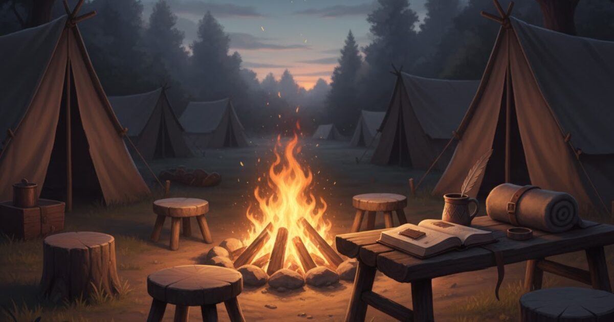 キャンプ場（焚き火トーク）を表す焚き火とノート