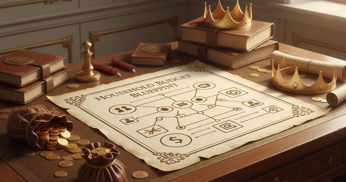 王様の間（家計・資産の設計）を表す計画机と設計図