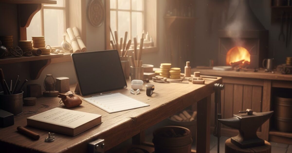 道具屋（ガジェット・仕組み化）を表す朝活装備の机