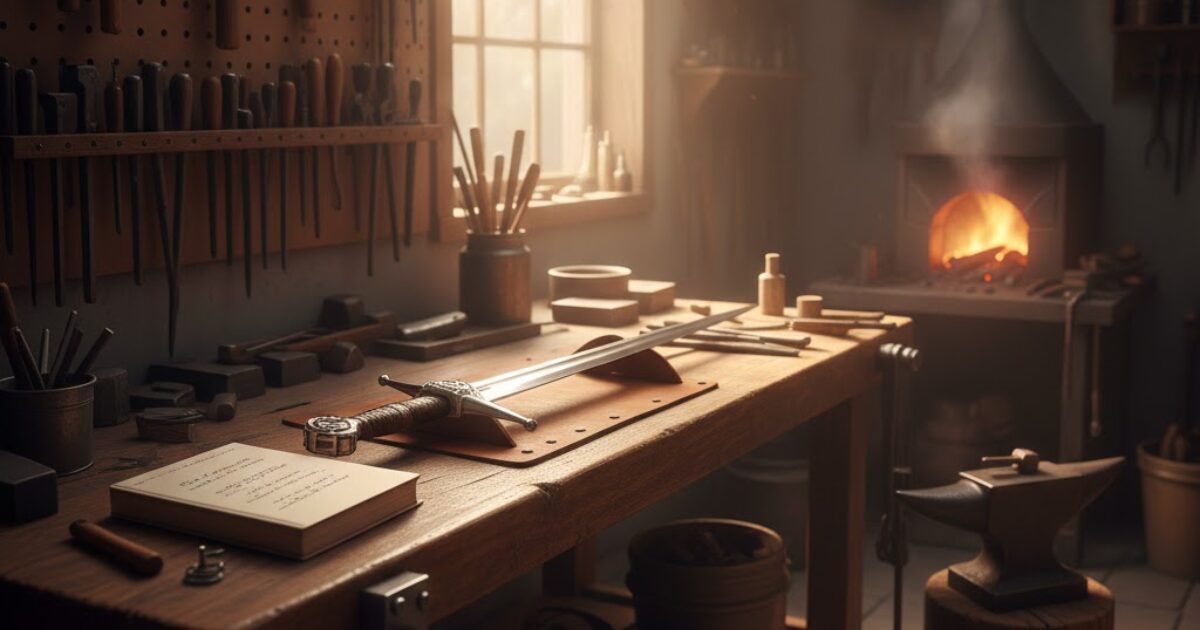 武器屋（資格・スキル）を表す朝の鍛冶屋の作業台