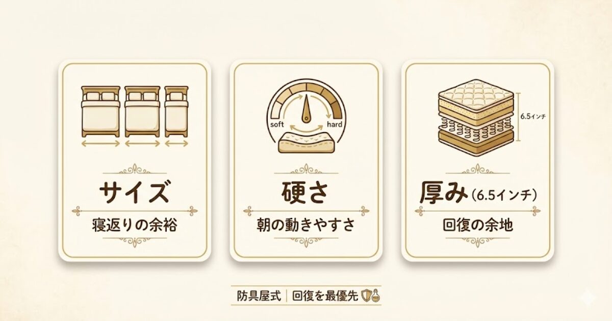 シモンズマットレスの選び方3つの基準（サイズ・硬さ・6.5インチ厚み）を整理した図