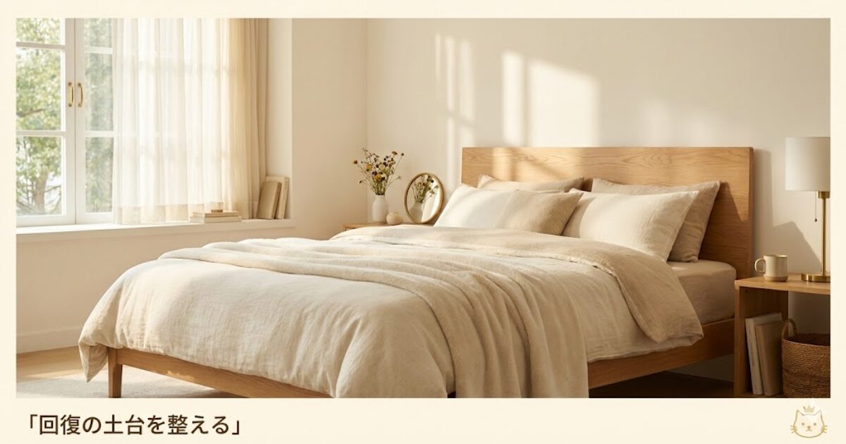 回復の土台として寝具を整えた象徴イメージ。落ち着く寝室と朝の光