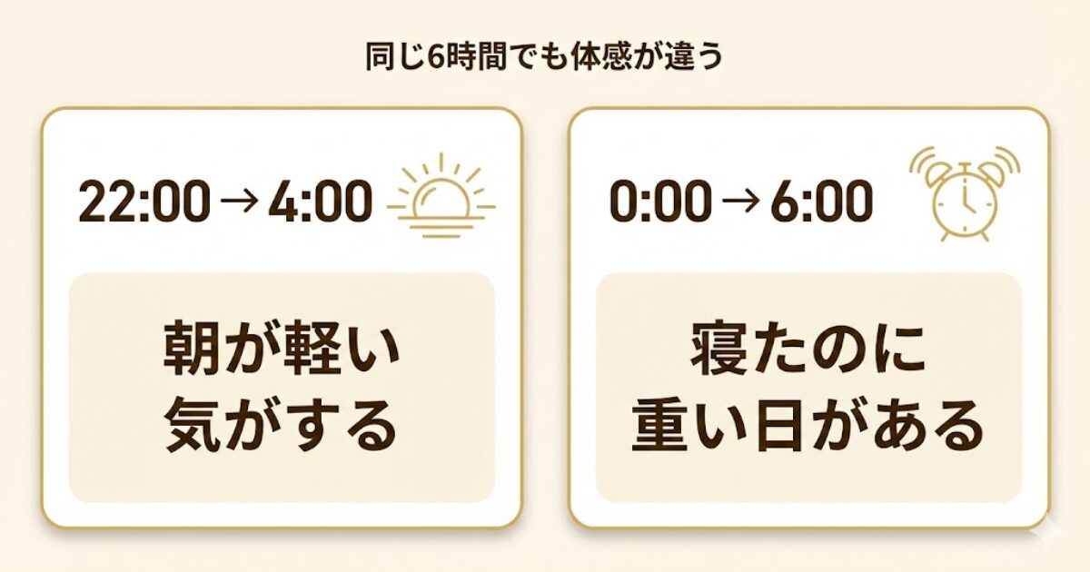 同じ6時間でも体感が違う例。22時〜4時と0時〜6時の朝の違いを示す