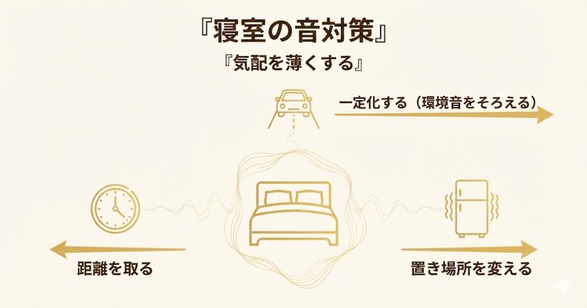 寝室の音対策イメージ。時計の秒針や環境音の気配を減らして落ち着かせる